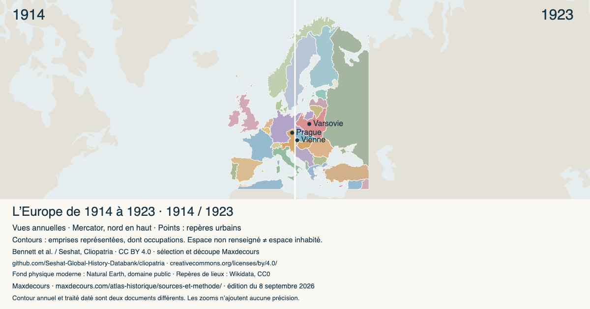 Comparaison sourcée de l’Europe de 1914 et 1923 dans l’Atlas historique Maxdecours