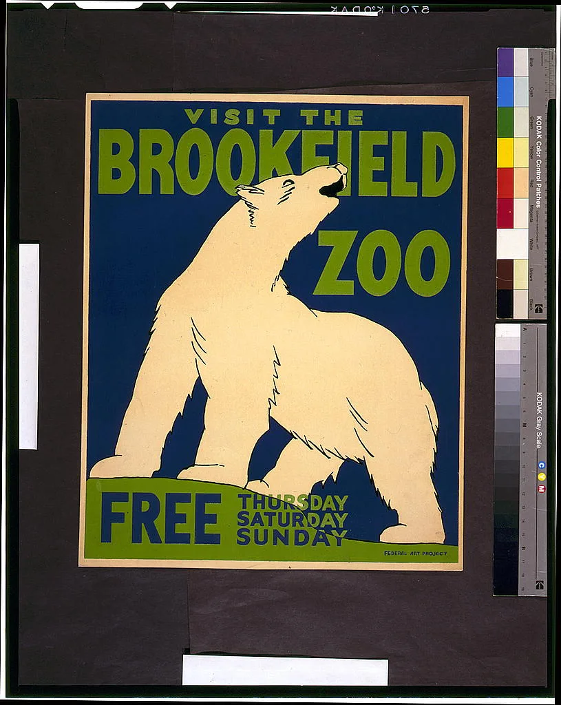 Un ours polaire stylisé accompagne une invitation au Brookfield Zoo et les jours d’entrée gratuite.