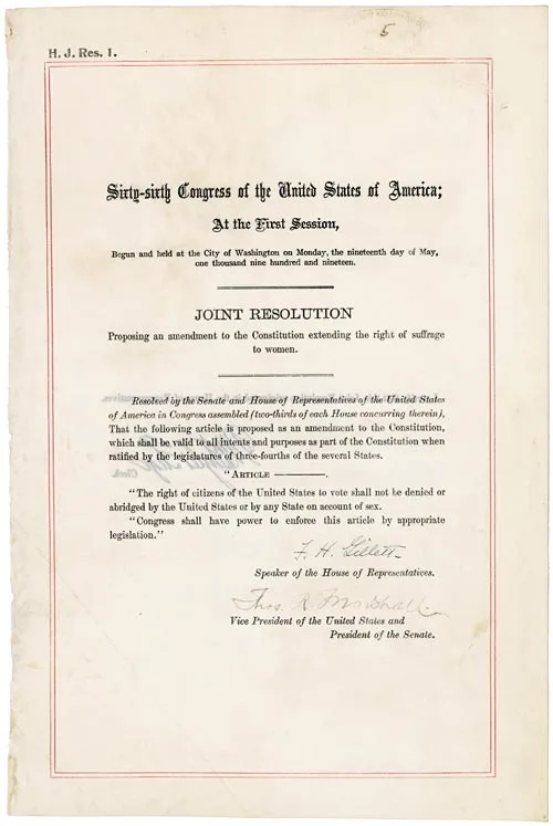 Une résolution du Congrès, avec le titre Joint Resolution, le texte de l’amendement et deux signatures.