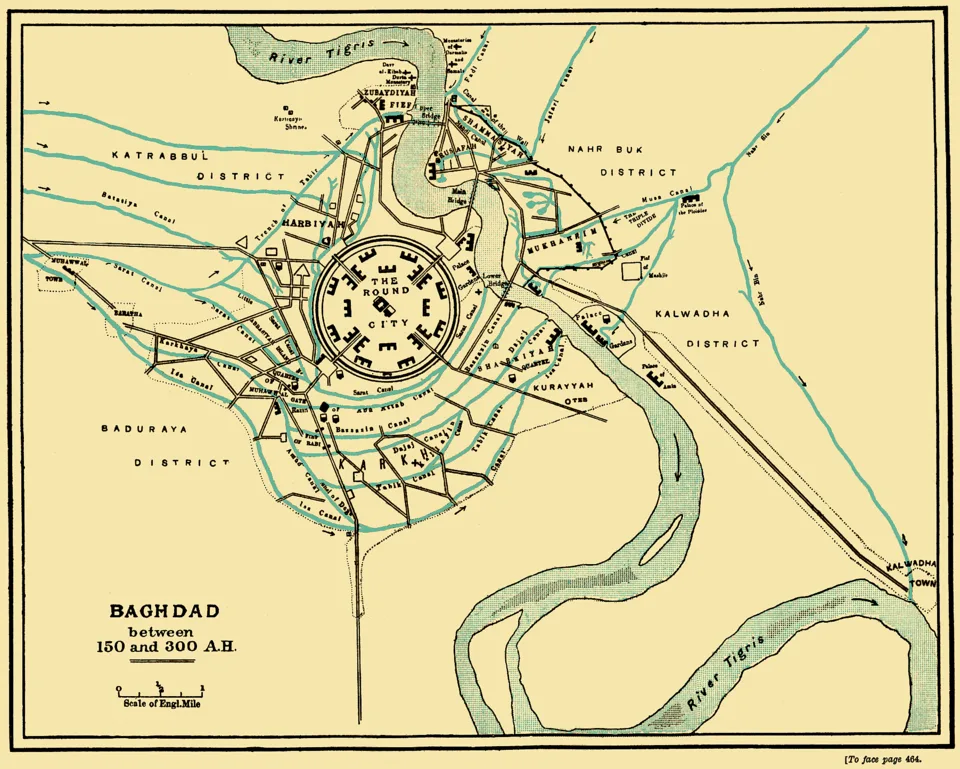 Plan ancien de Bagdad montrant une enceinte circulaire et le cours du Tigre.