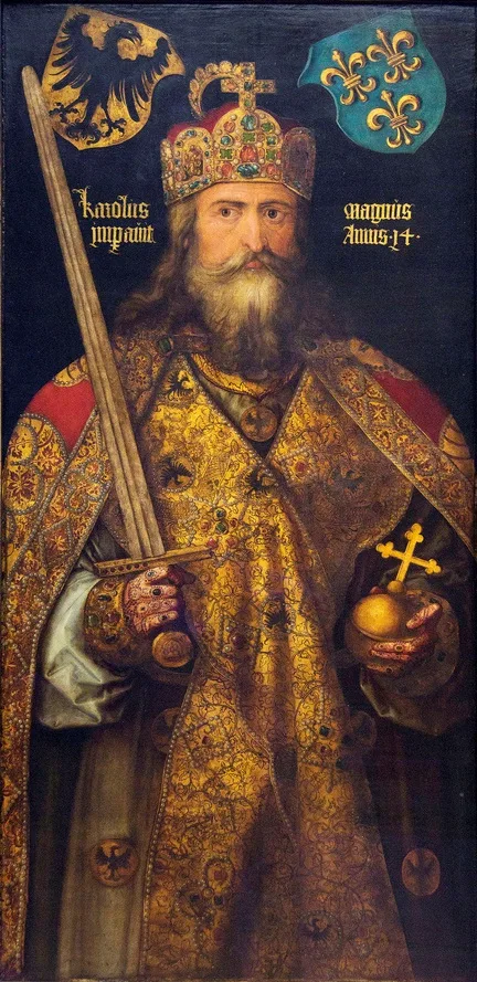 Charlemagne peint avec une couronne, une épée et un globe surmonté d’une croix.