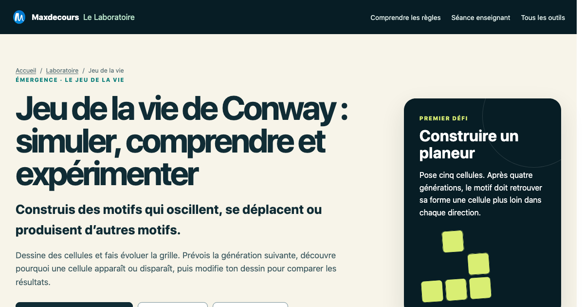 Aperçu réel du jeu de la vie Maxdecours : grille, planeur et commandes de simulation