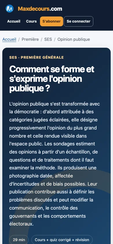 Le même cours Maxdecours affiché en vue mobile sur téléphone