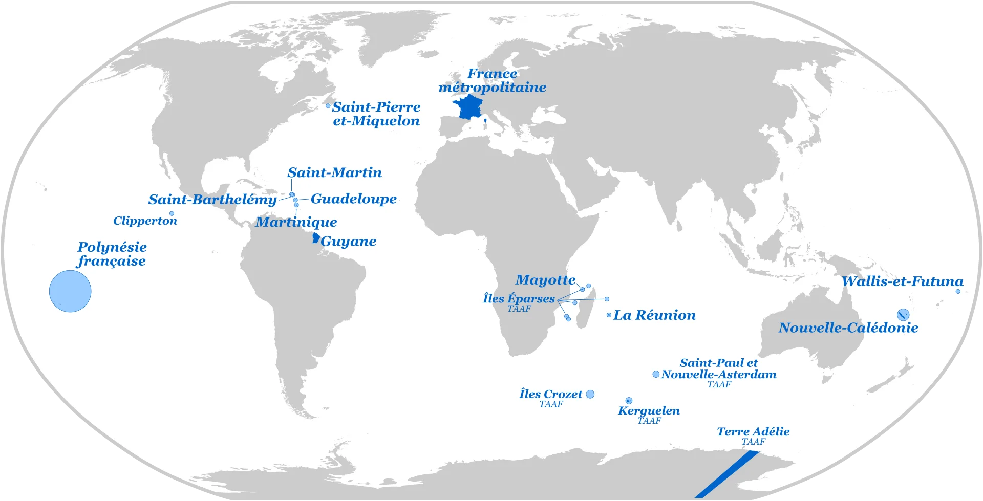 Carte mondiale localisant la France métropolitaine et les territoires français d’outre-mer