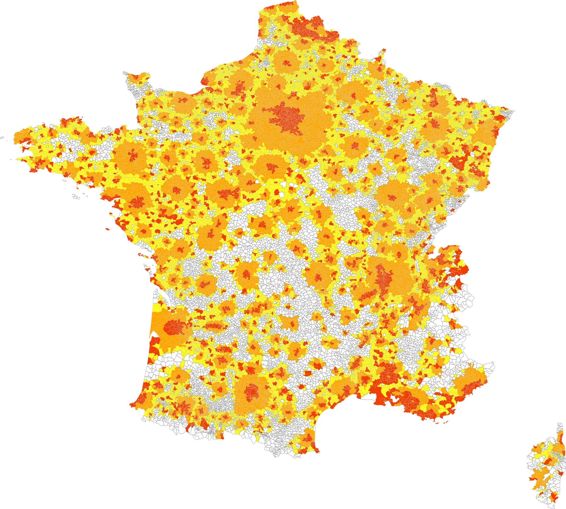 Carte des aires urbaines françaises de 2010 distinguant pôles, couronnes et communes multipolarisées.