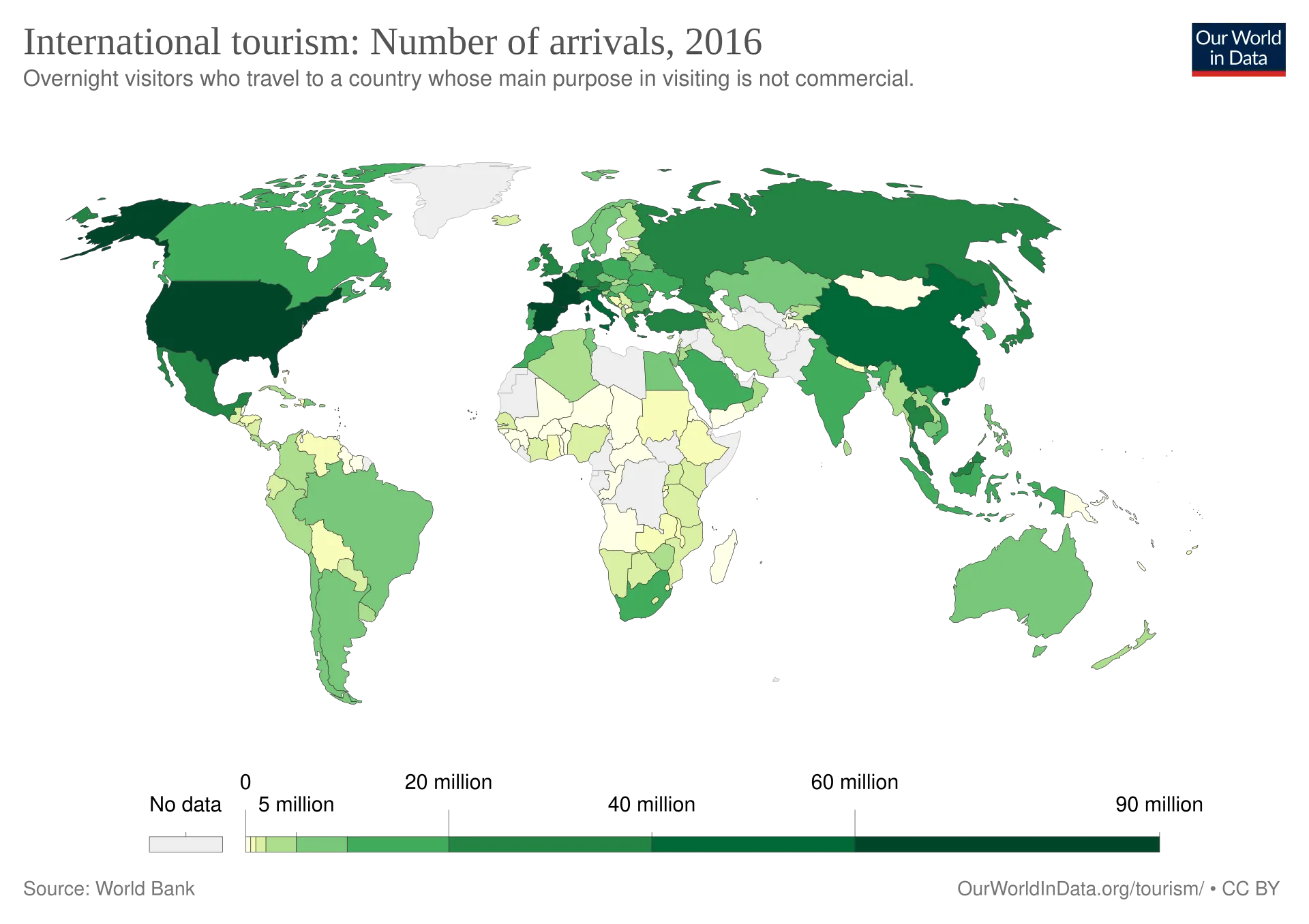 Carte mondiale du nombre d'arrivées de touristes internationaux par pays.