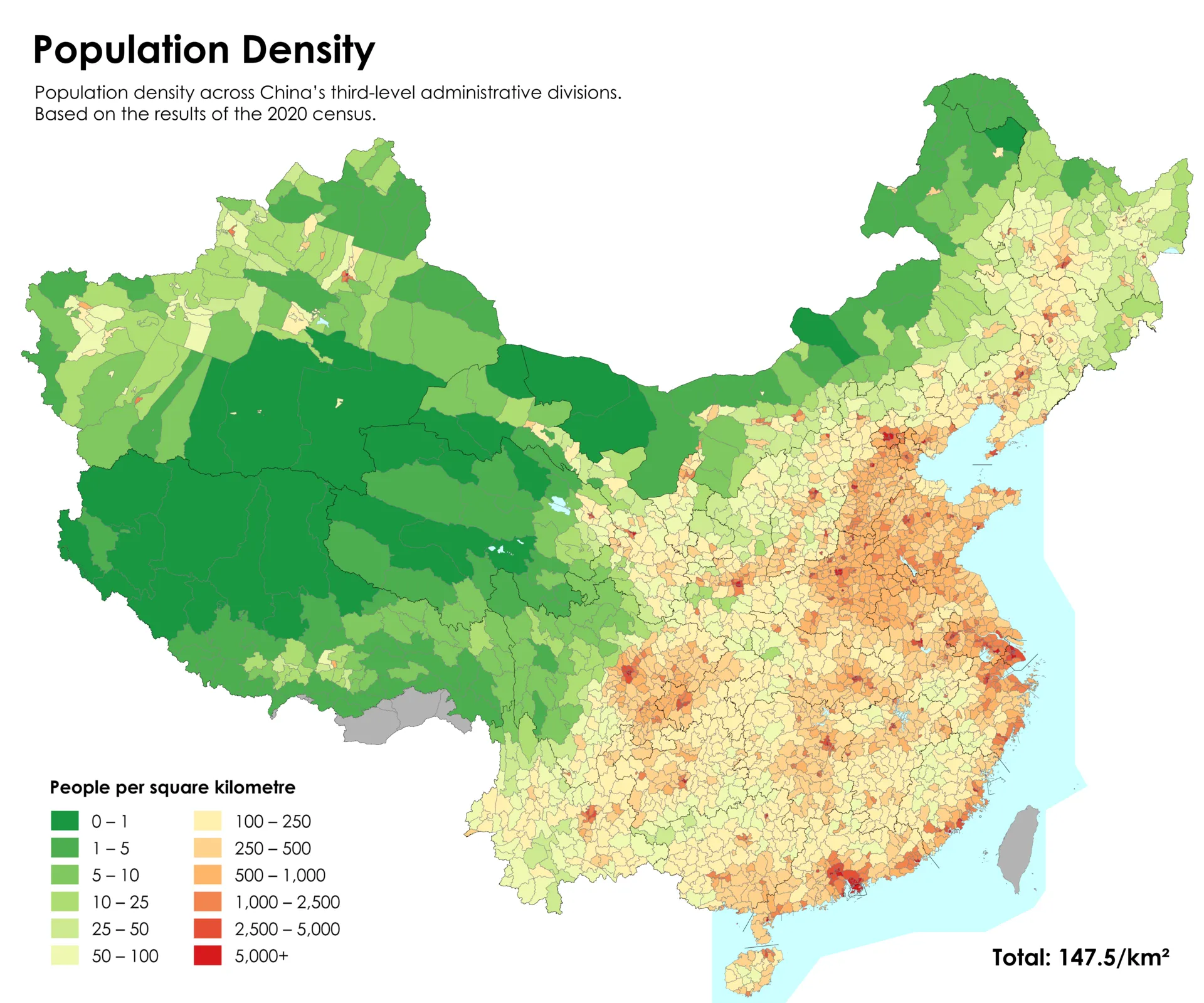 Carte de la densité de population chinoise en 2020 à l'échelle des divisions administratives de troisième niveau.