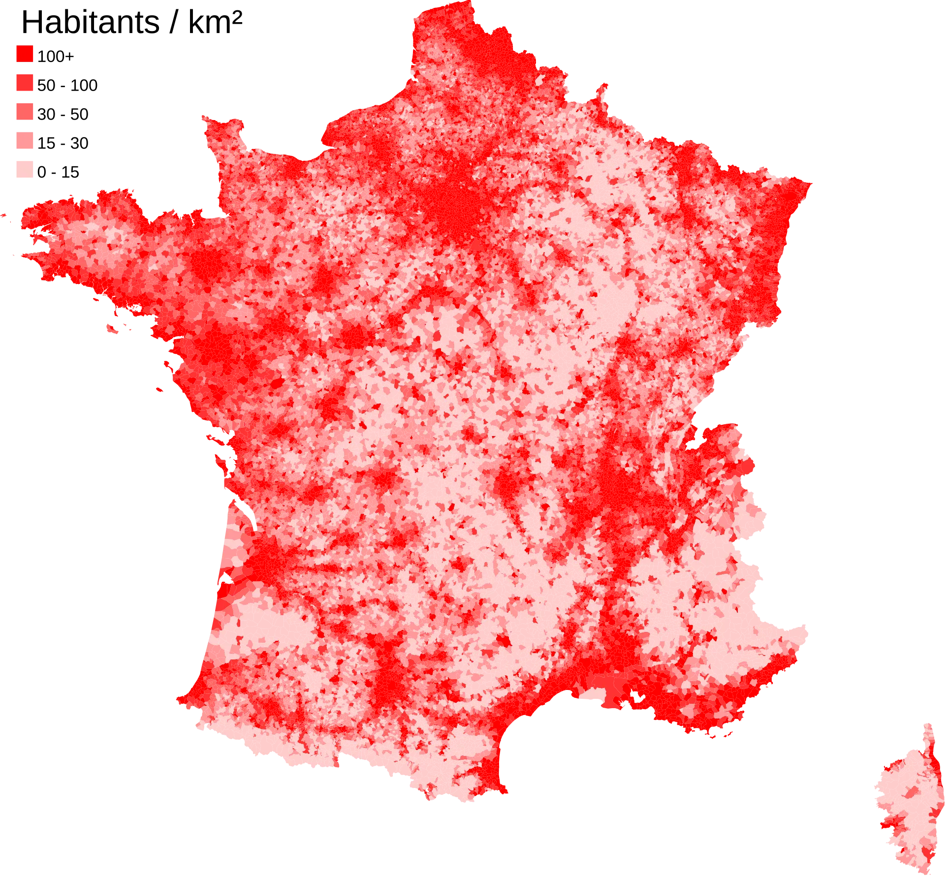 Carte communale de la densité de population en France métropolitaine en 2009.