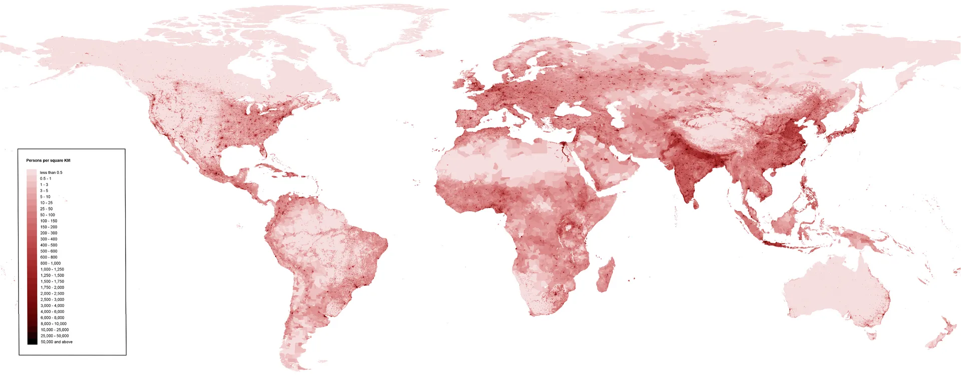 Carte mondiale en grille de la densité de population en 2020.