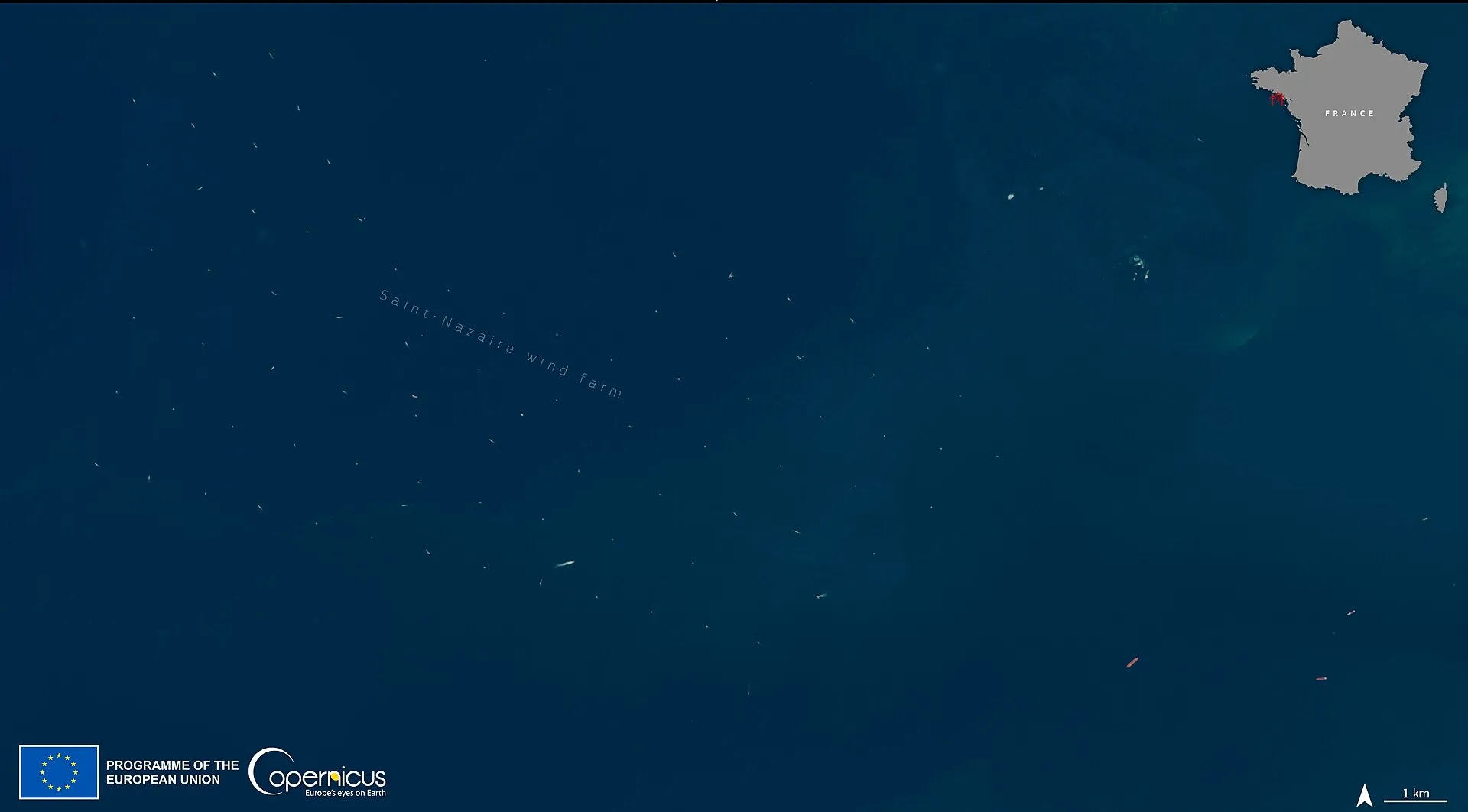 Image Sentinel-2 du parc éolien en mer de Saint-Nazaire le 8 octobre 2022.