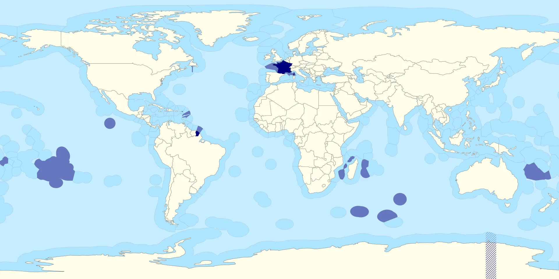 Planisphère montrant les territoires français et leurs zones économiques exclusives hors revendication antarctique.