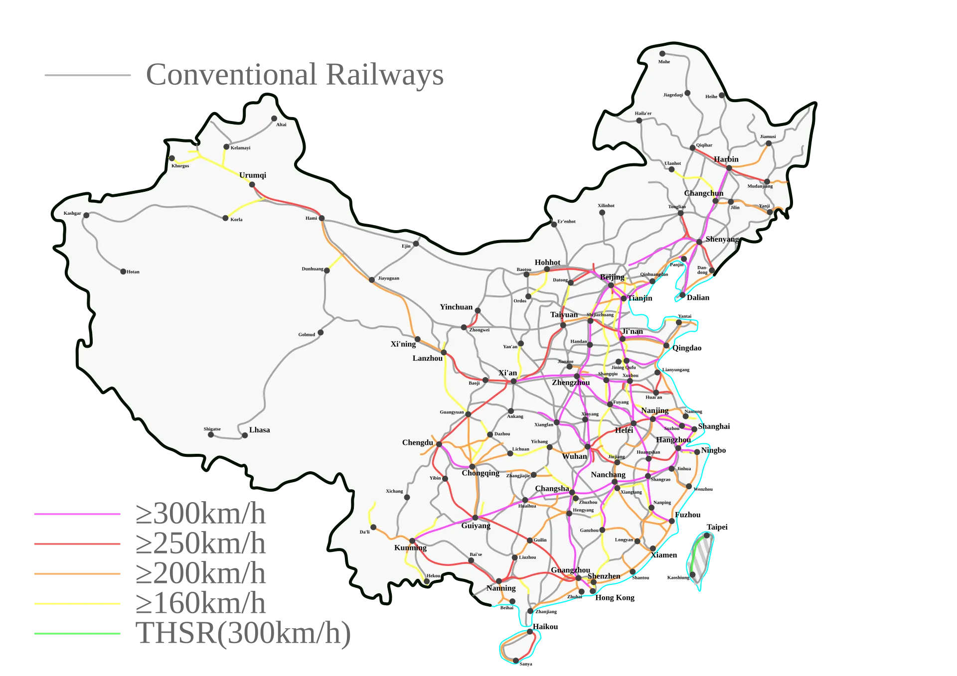Carte du réseau ferré chinois distinguant les lignes à grande vitesse selon leur vitesse et les lignes conventionnelles.