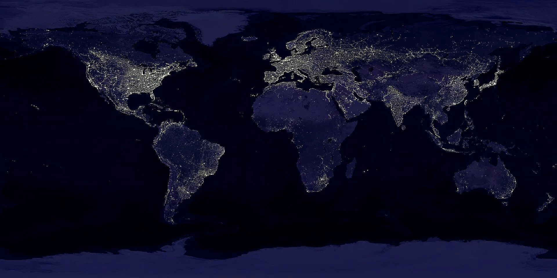 Planisphère des émissions lumineuses nocturnes en 1994 et 1995.
