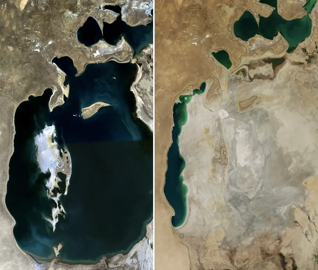 Comparaison satellitaire de la mer d'Aral en 1989 et en 2014 montrant la forte réduction des surfaces en eau.