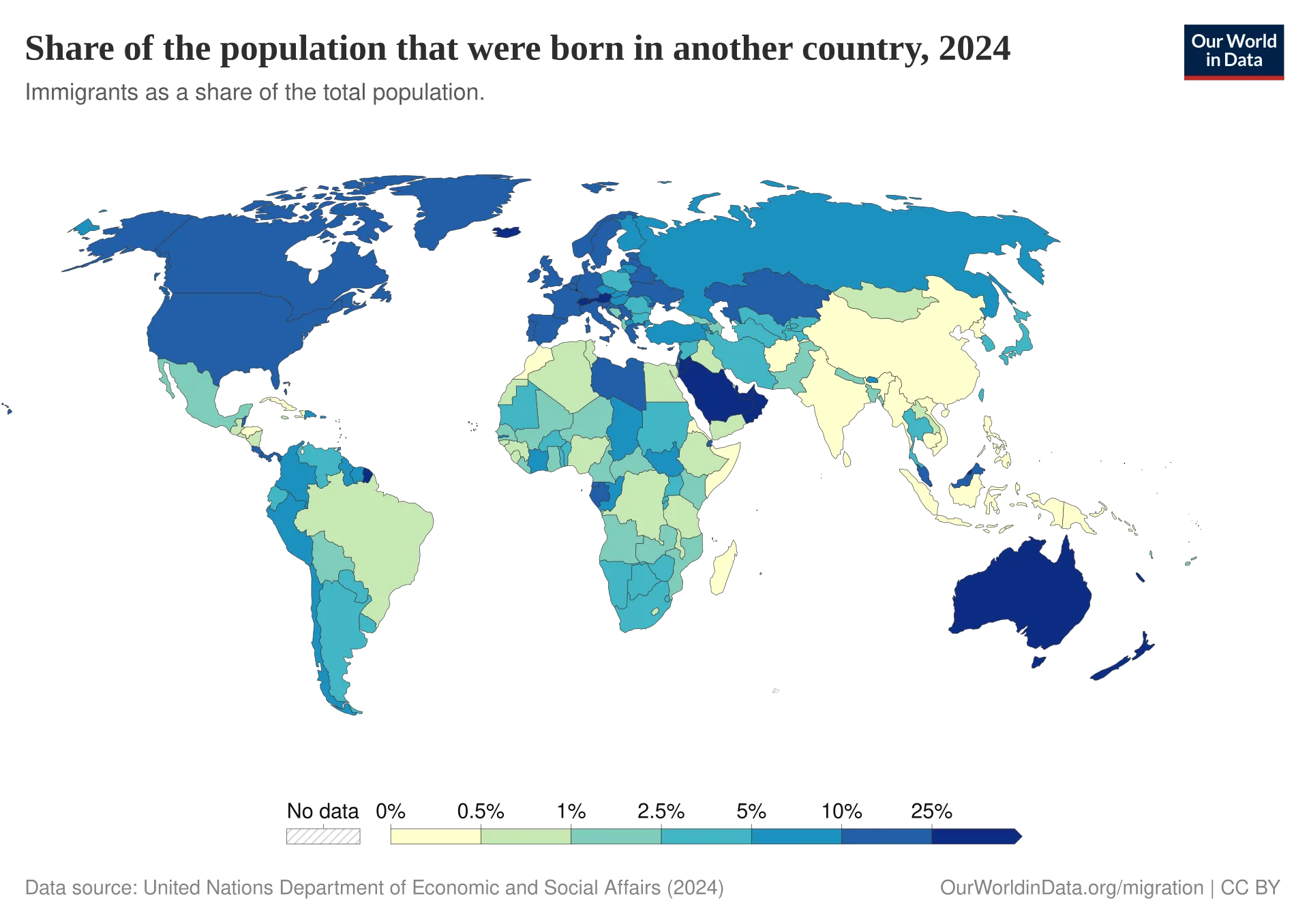 Carte mondiale de la part des habitants nés dans un autre pays en 2024.