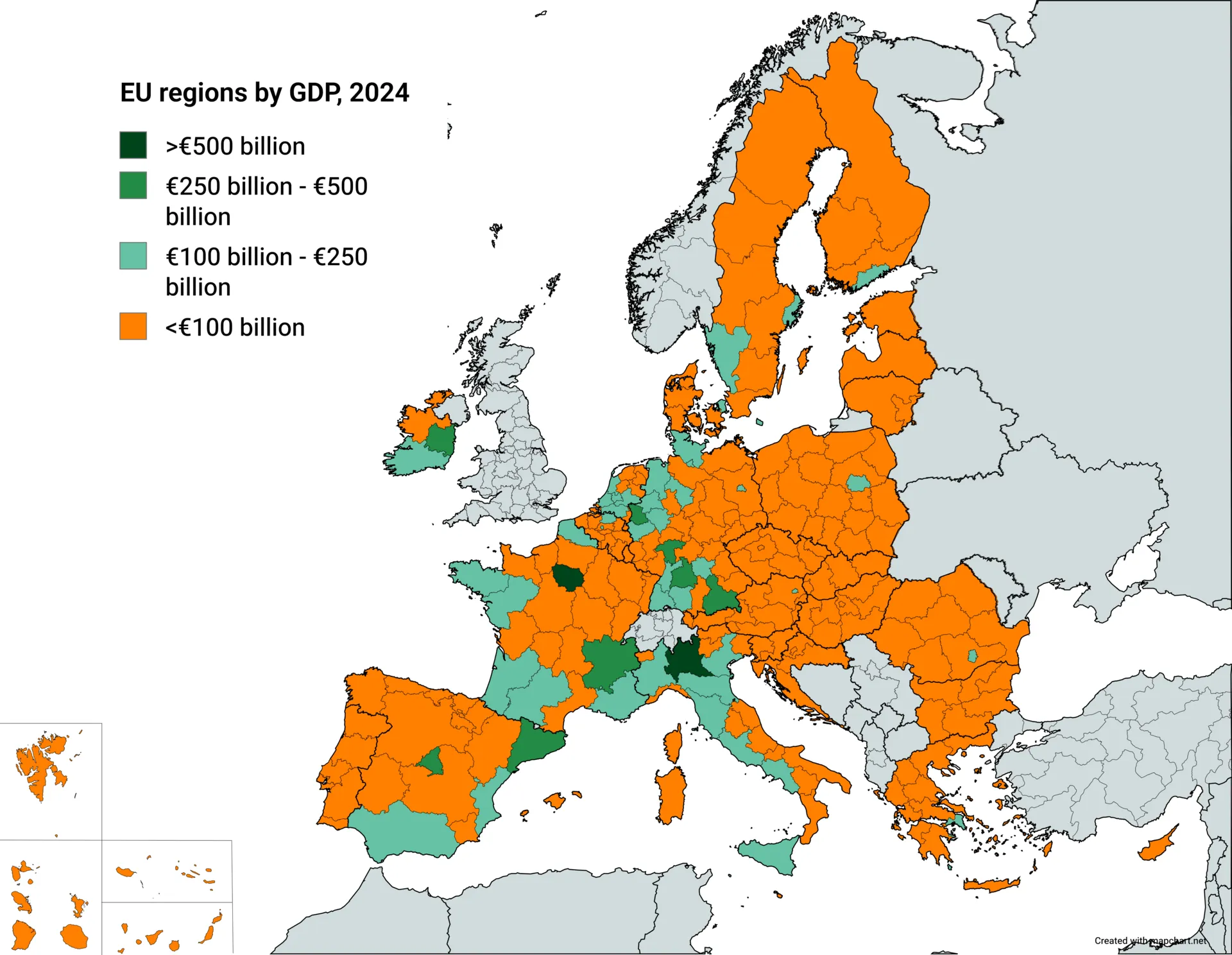 Carte des régions NUTS 2 de l'Union européenne classées selon leur produit intérieur brut total en 2024.