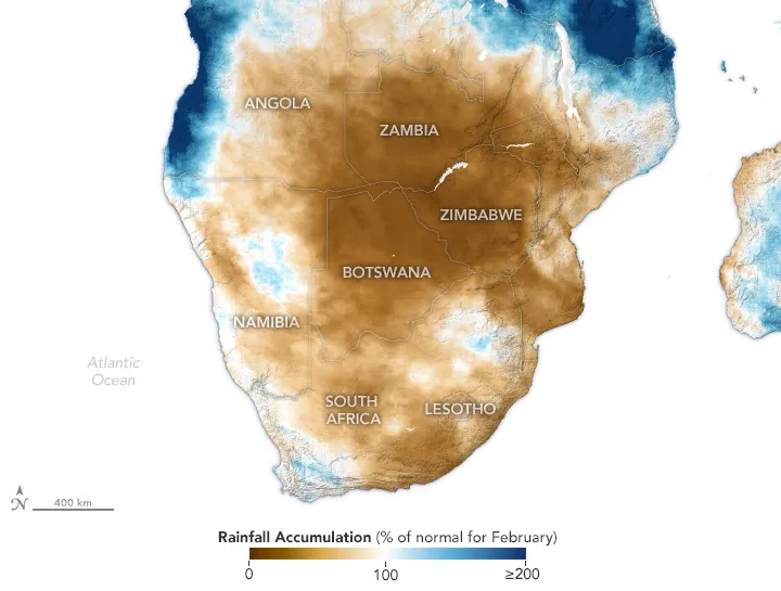 Carte du cumul des pluies de février 2024 en Afrique australe exprimé en pourcentage de la normale.
