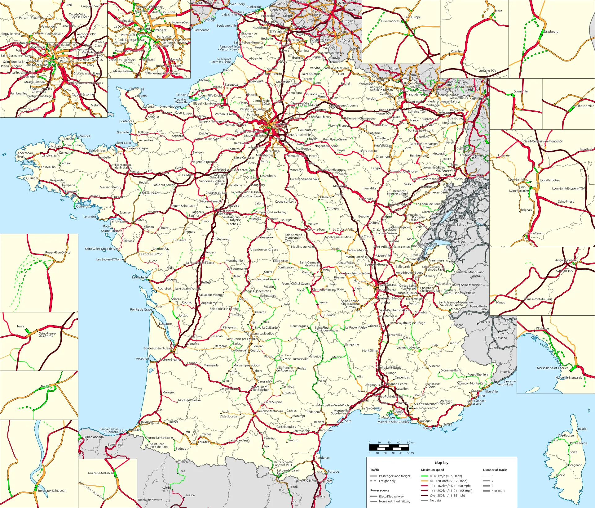 Carte des infrastructures ferroviaires françaises en 2024, hiérarchisées par caractéristiques techniques.