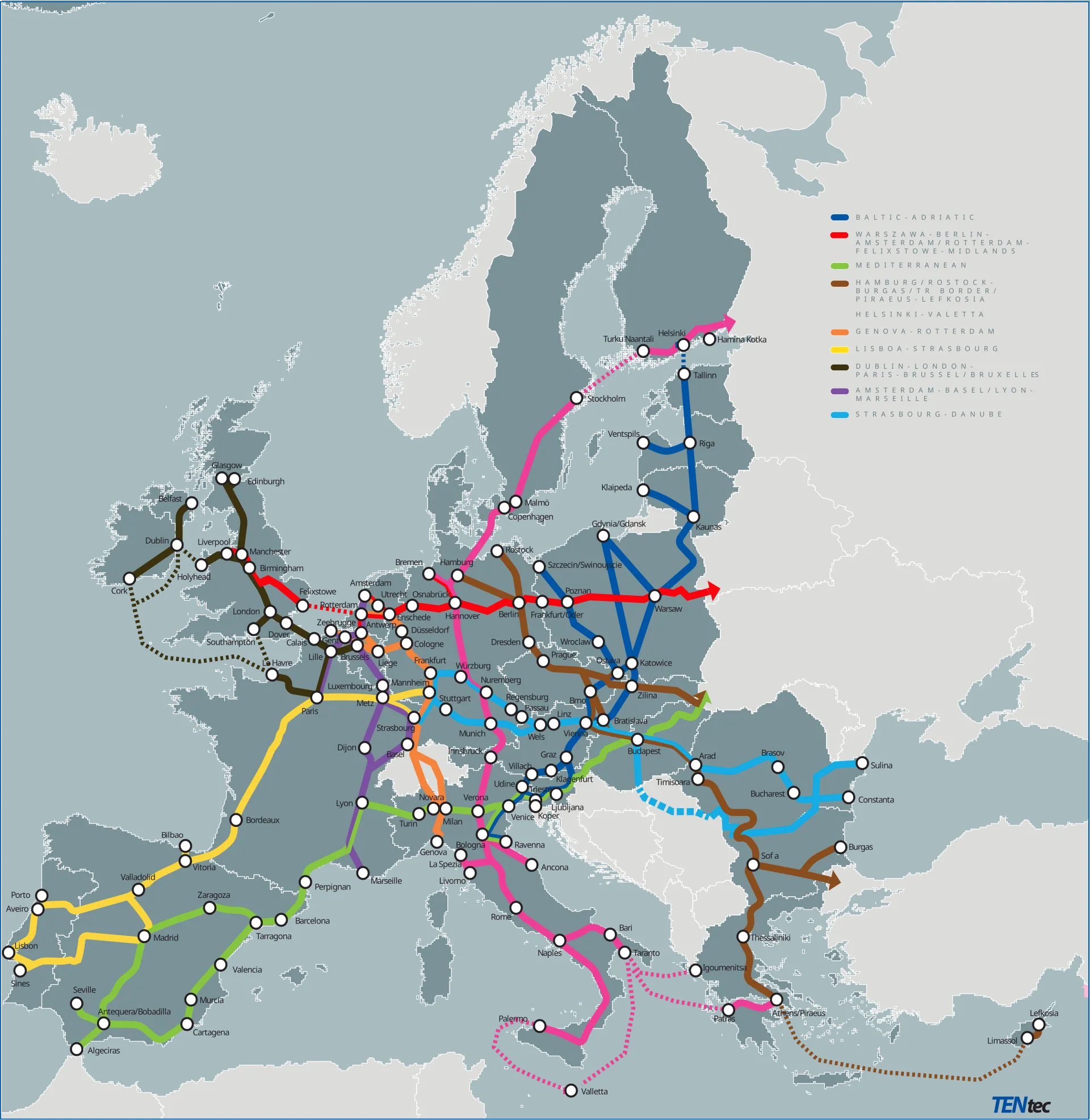 Carte des corridors du réseau transeuropéen de transport reliant ports, villes et frontières européennes.