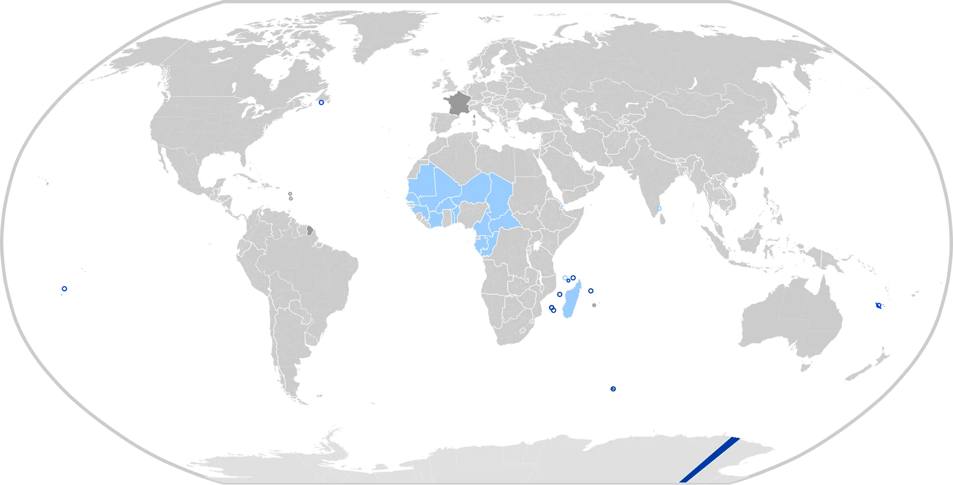 Planisphère localisant la métropole et les territoires français ultramarins actuels et anciens.