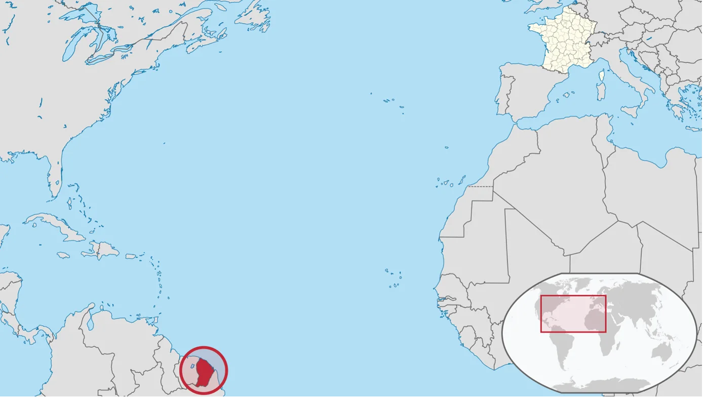 Carte localisant la Guyane en Amérique du Sud et la France métropolitaine en Europe