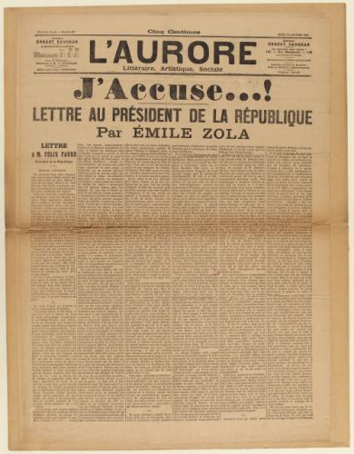 Une de L’Aurore du 13 janvier 1898 : grand titre J’accuse, lettre au président et nom de Zola au-dessus de six colonnes de texte.