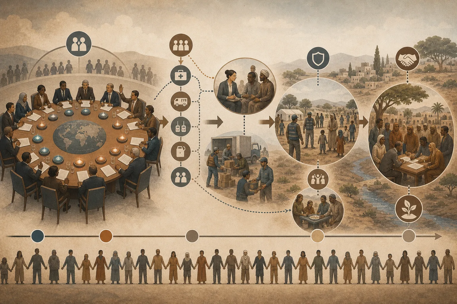 Illustration pédagogique reliant une délibération internationale, les moyens fournis, la médiation, une opération de terrain et un accord politique local.