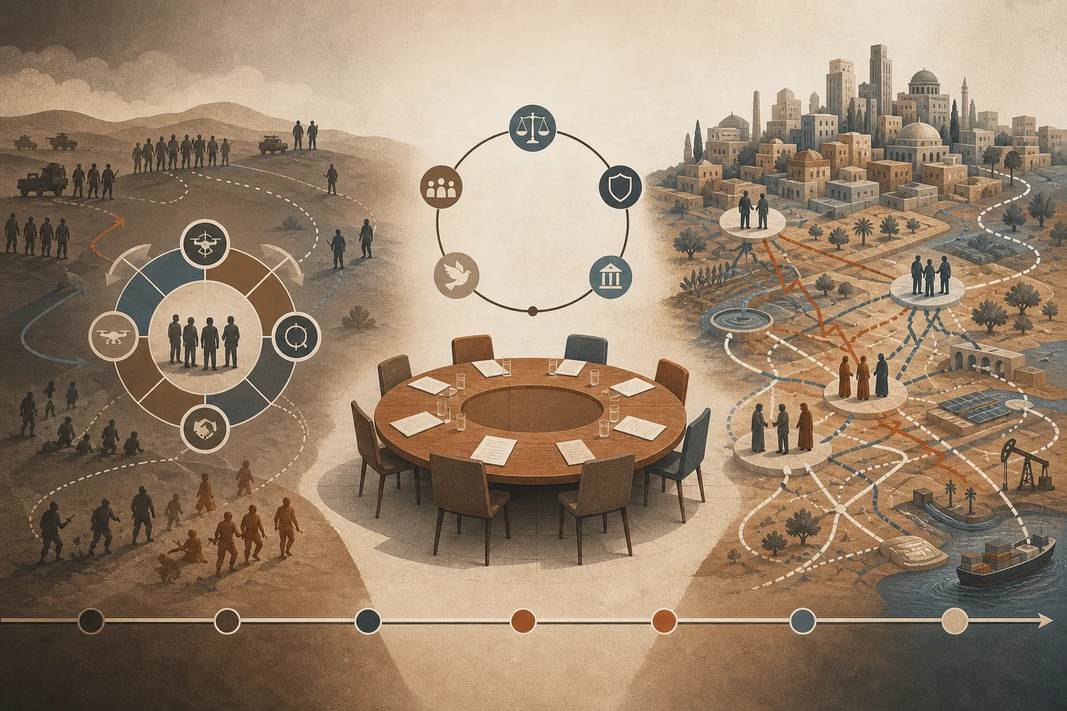 Composition pédagogique montrant un espace de guerre à gauche, une table de négociation au centre et un territoire habité traversé par plusieurs réseaux à droite.