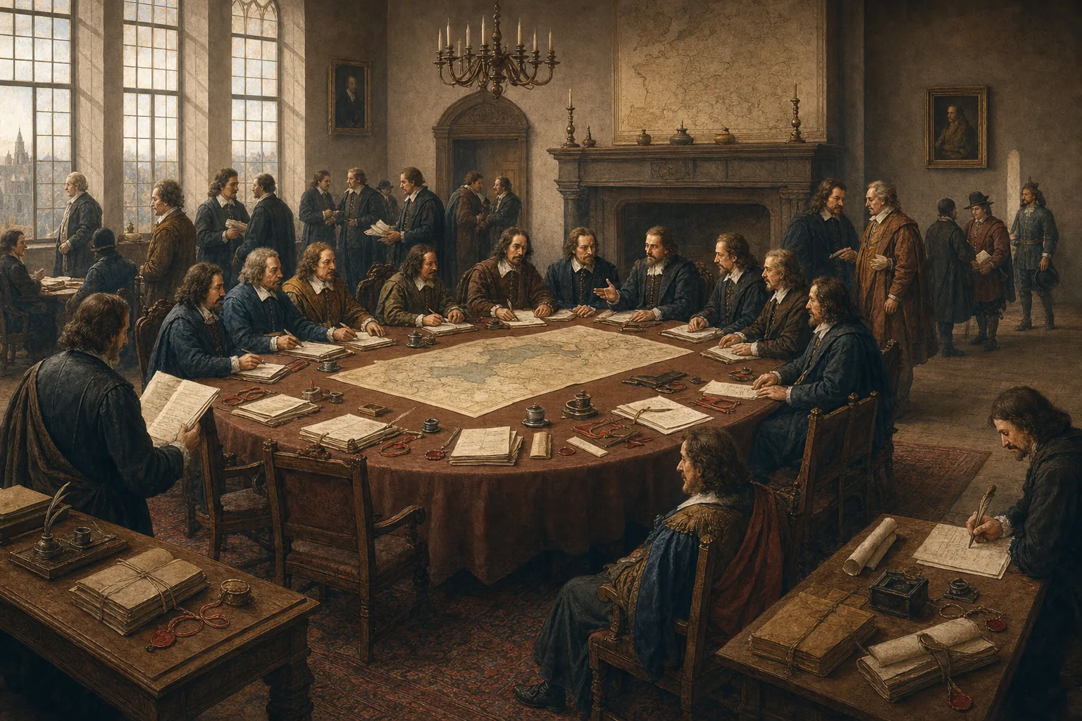 Évocation illustrée d'une négociation diplomatique du XVIIe siècle : plusieurs délégations discutent autour d'une grande table couverte de cartes, de clauses et de sceaux.