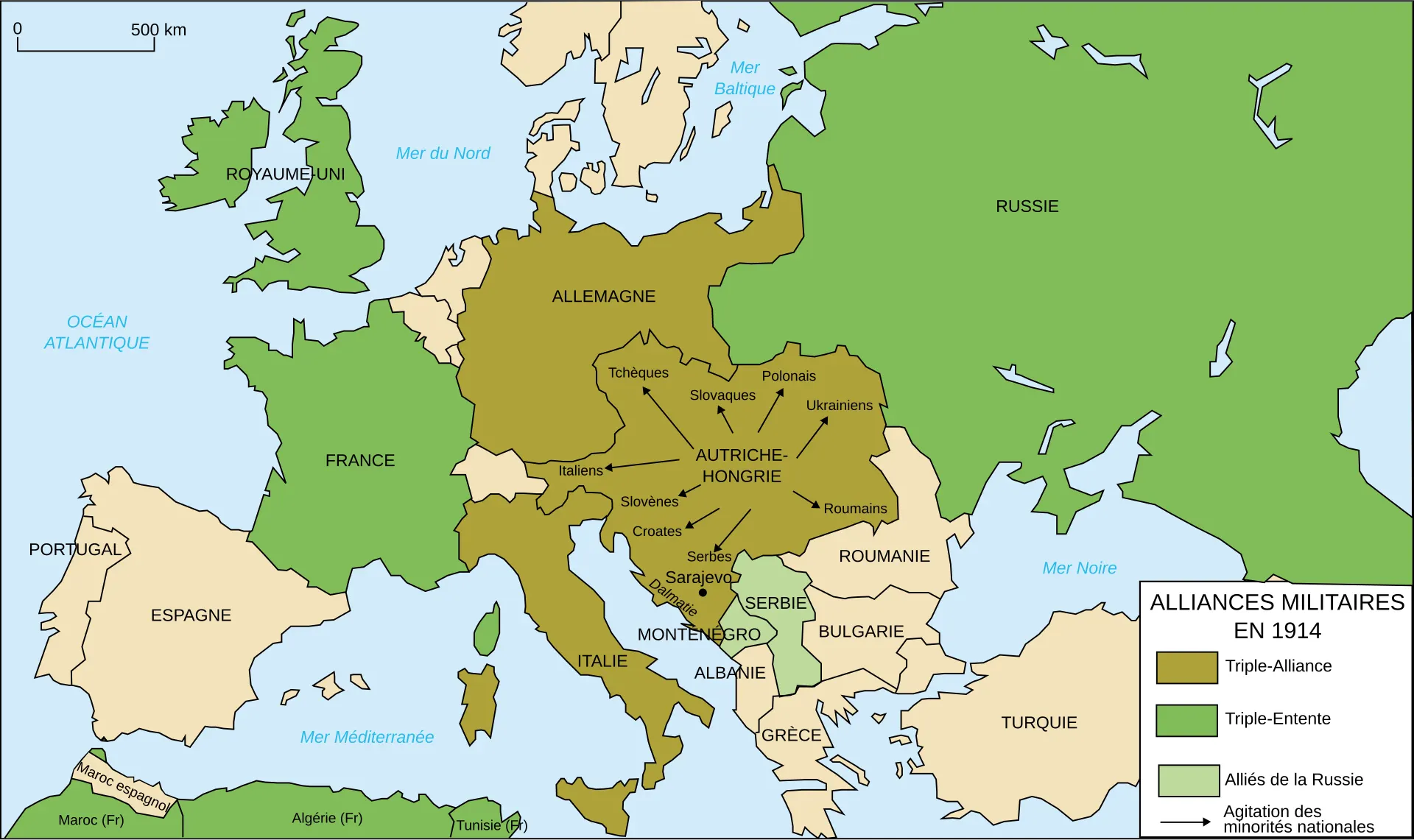 Carte en français de l’Europe en 1914 distinguant Triple-Entente, Triple-Alliance et pays neutres