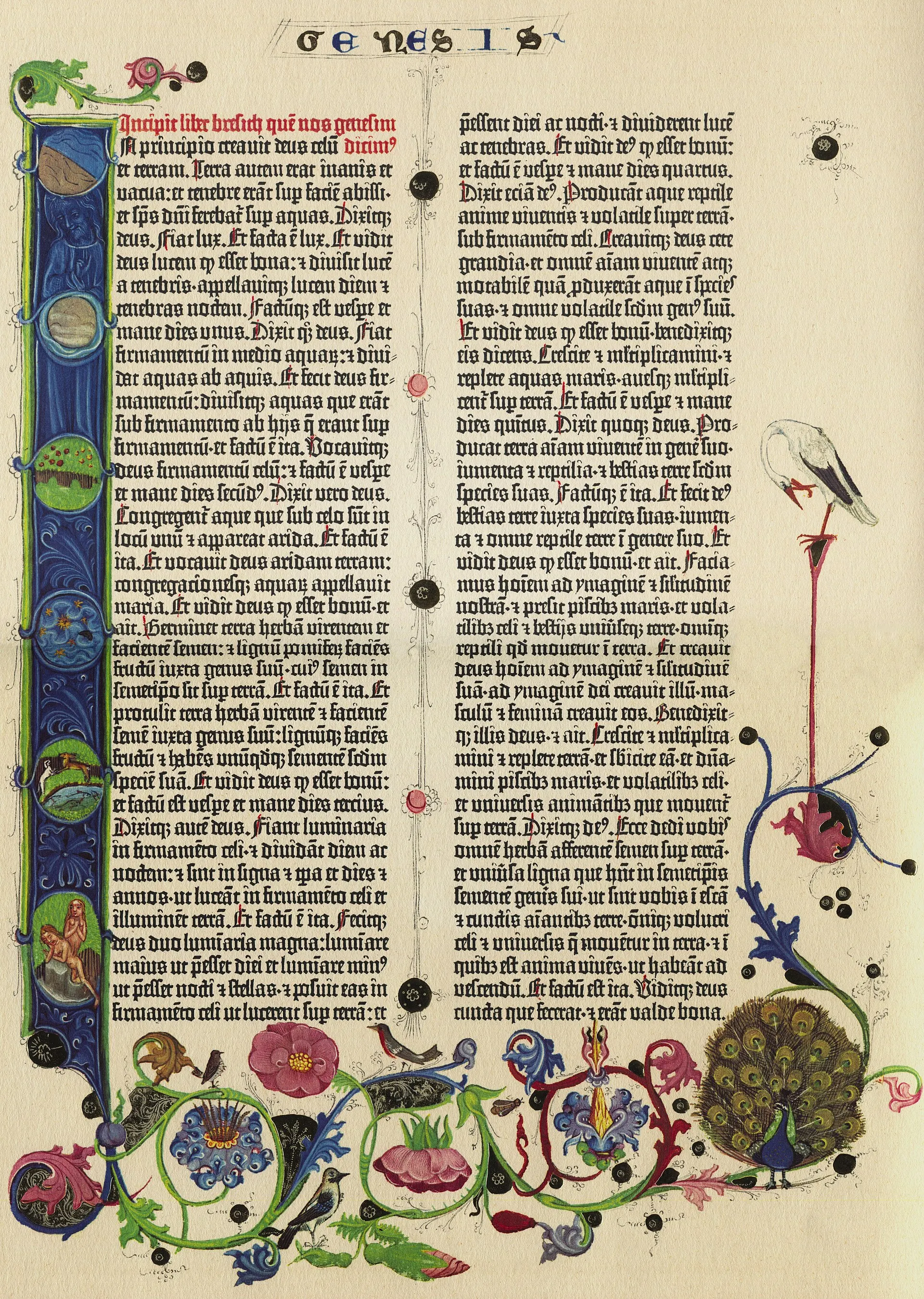 Page de la Genèse imprimée sur deux colonnes dans la Bible de Gutenberg et enrichie d’initiales colorées