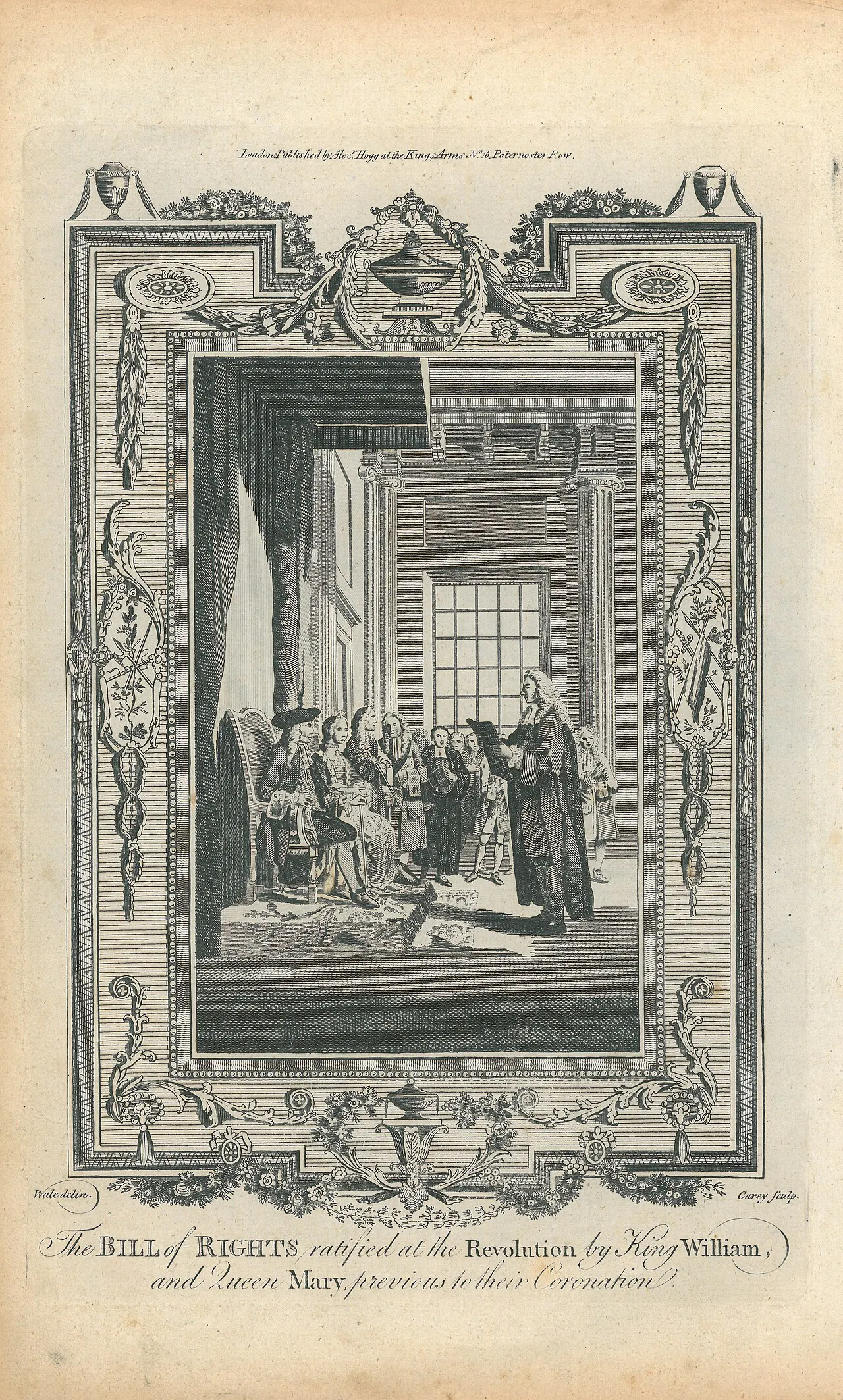 Gravure montrant Guillaume III et Marie II recevant le Bill of Rights devant une assemblée après la Glorieuse Révolution