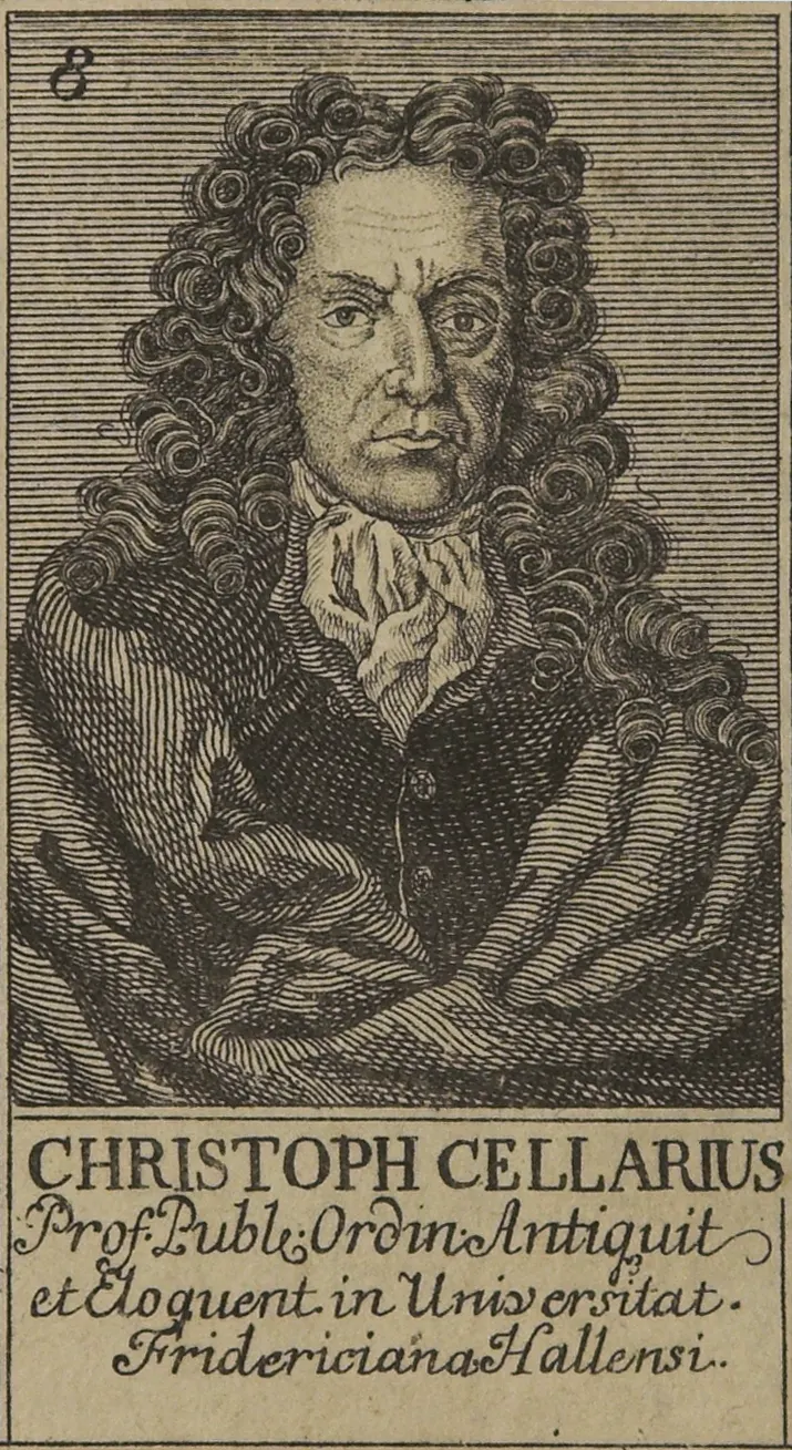 Portrait gravé de l’historien allemand Christoph Cellarius portant une perruque et un manteau sombre