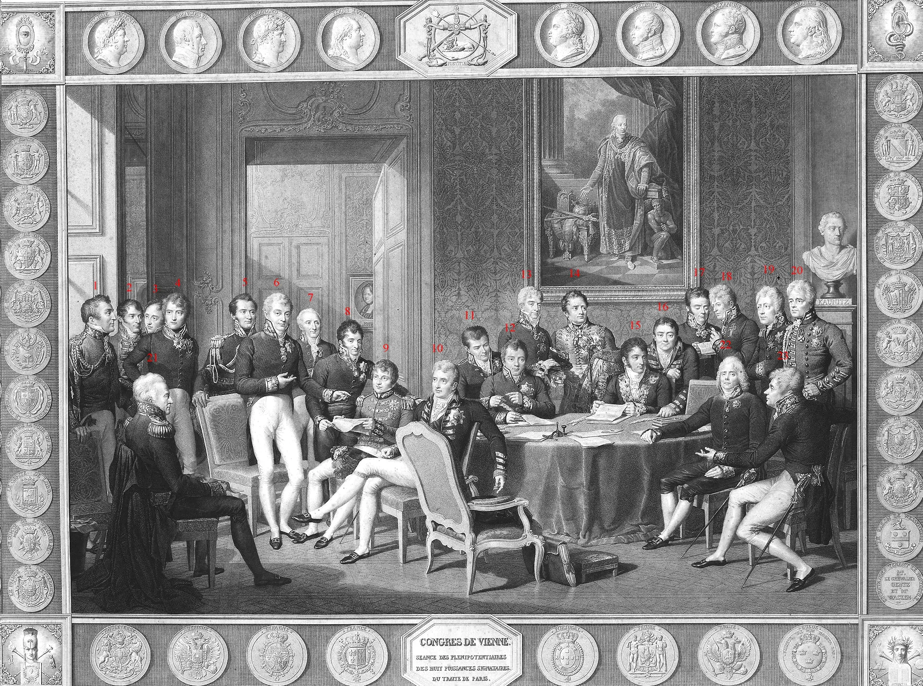 Gravure d’après Isabey réunissant les principaux diplomates du congrès de Vienne autour d’une table