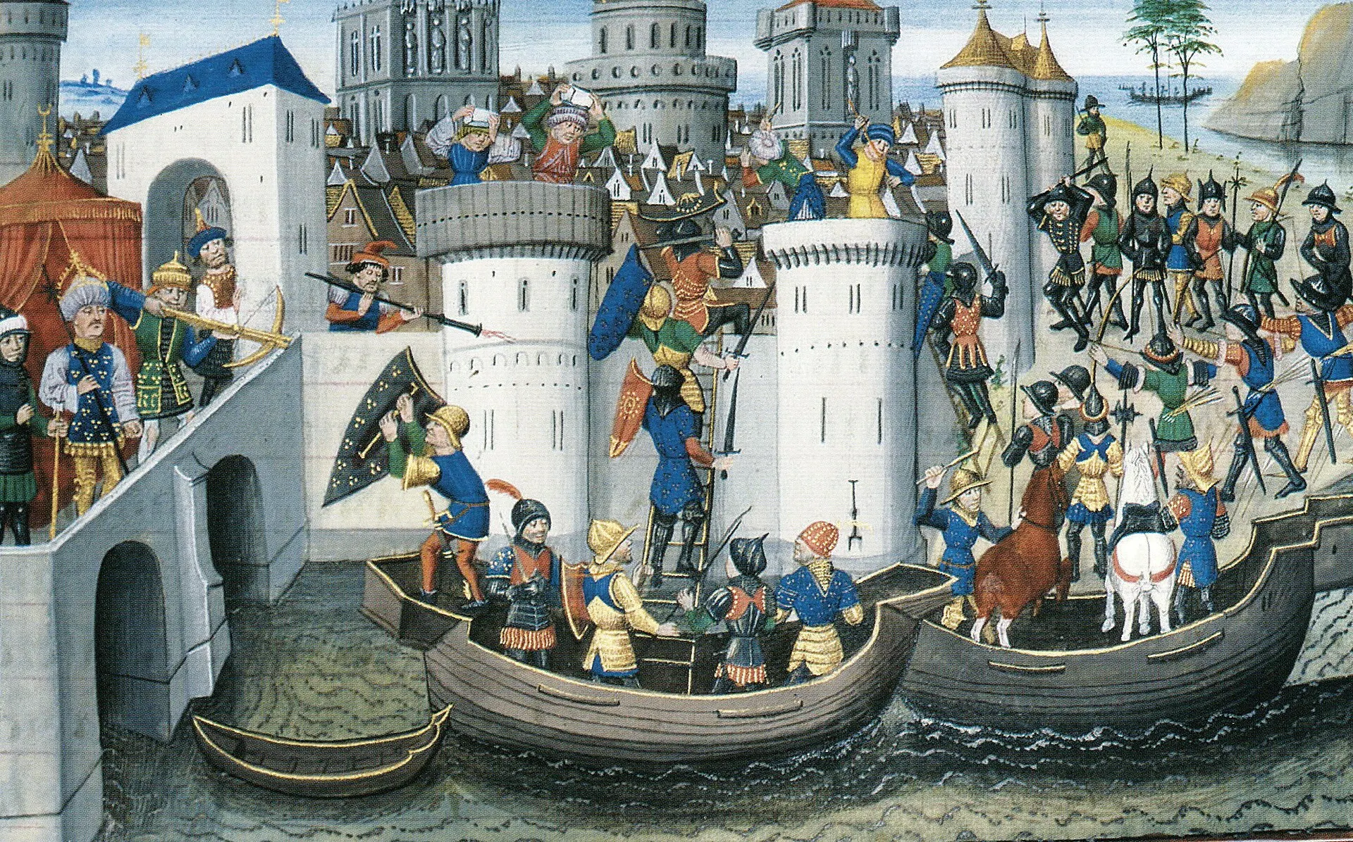 Miniature montrant des combattants croisés attaquant Constantinople depuis des navires et des échelles