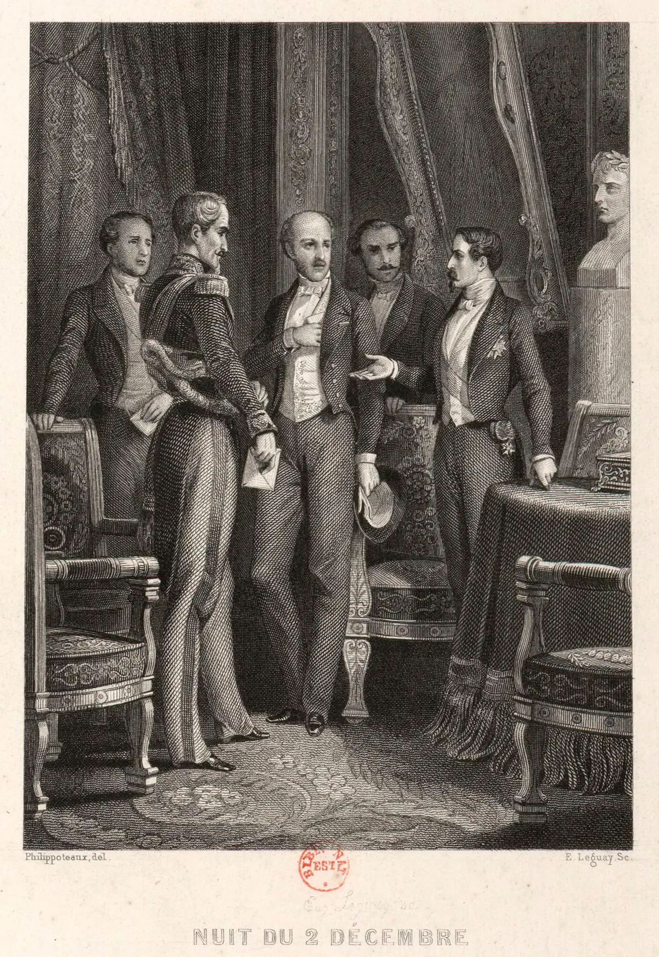 Gravure montrant Louis-Napoléon Bonaparte donnant des instructions aux organisateurs du coup d’État dans la nuit du 1er au 2 décembre 1851