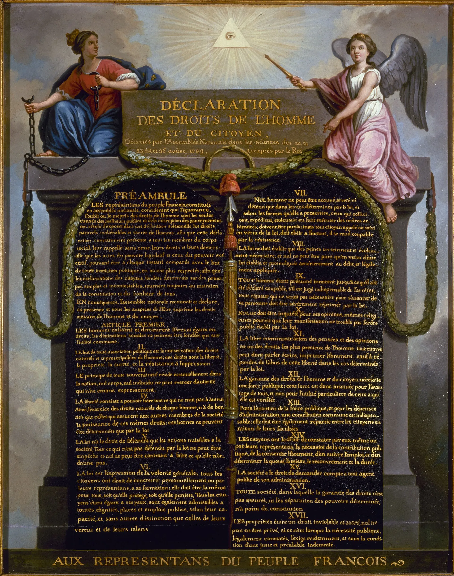 Table illustrée de la Déclaration des droits de l’homme et du citoyen avec ses dix-sept articles encadrés de symboles