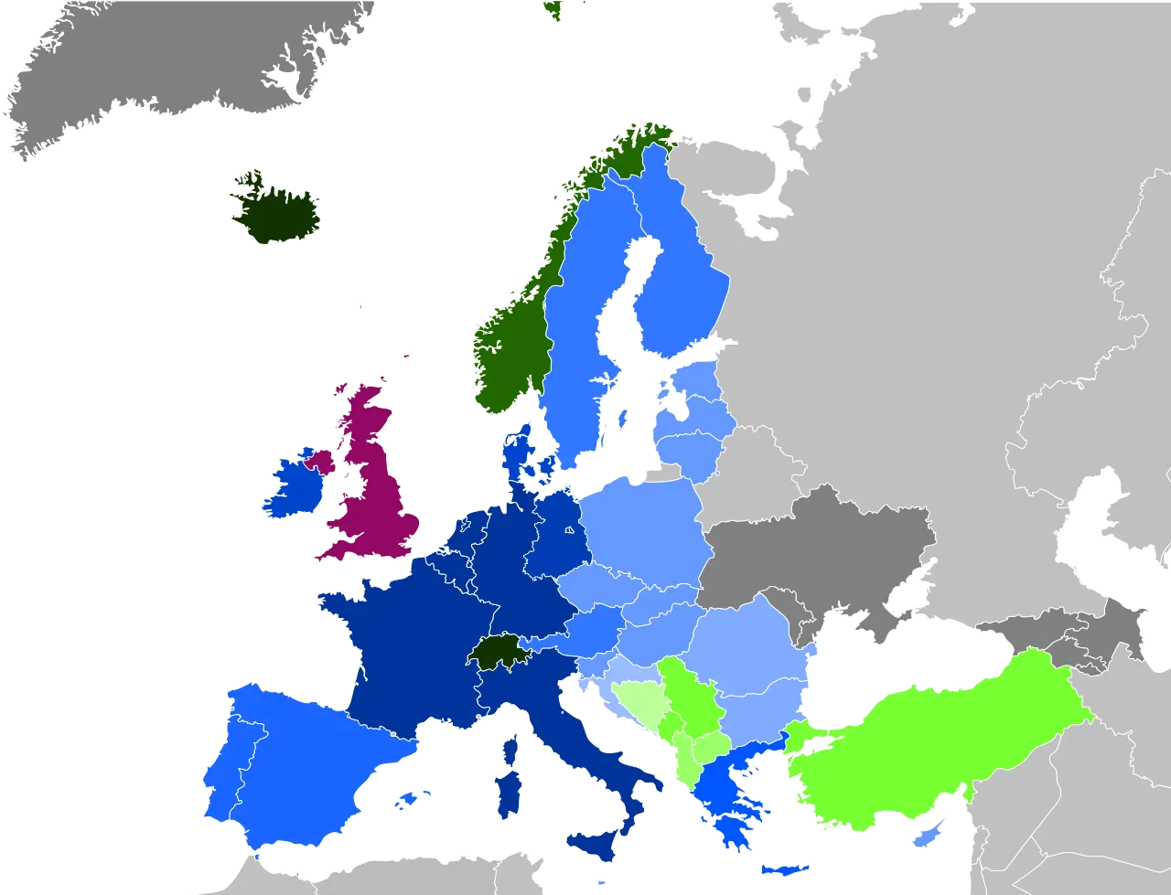Carte statique de l’Europe distinguant les membres de l’Union européenne selon leur date d’adhésion et les pays candidats