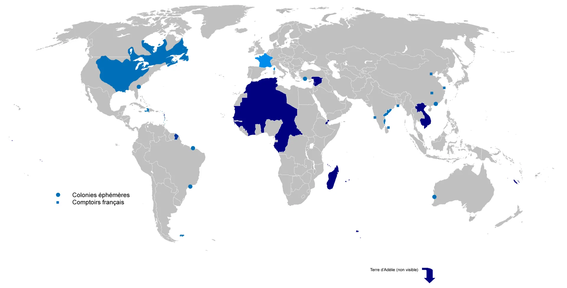 Carte mondiale distinguant en deux bleus les territoires des premier et second empires coloniaux français