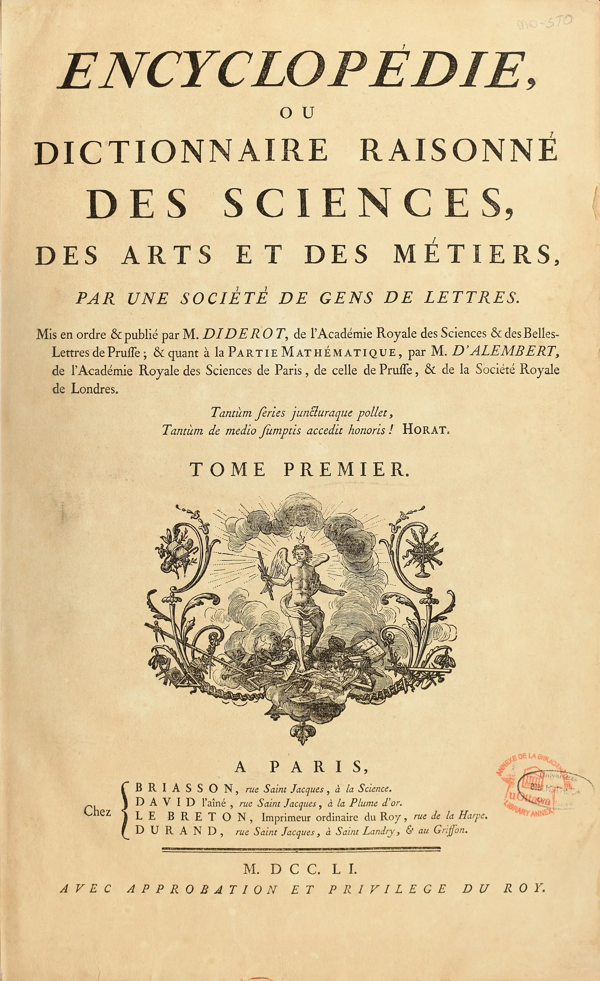 Page de titre du premier volume de l’Encyclopédie de Diderot et d’Alembert imprimée en 1751