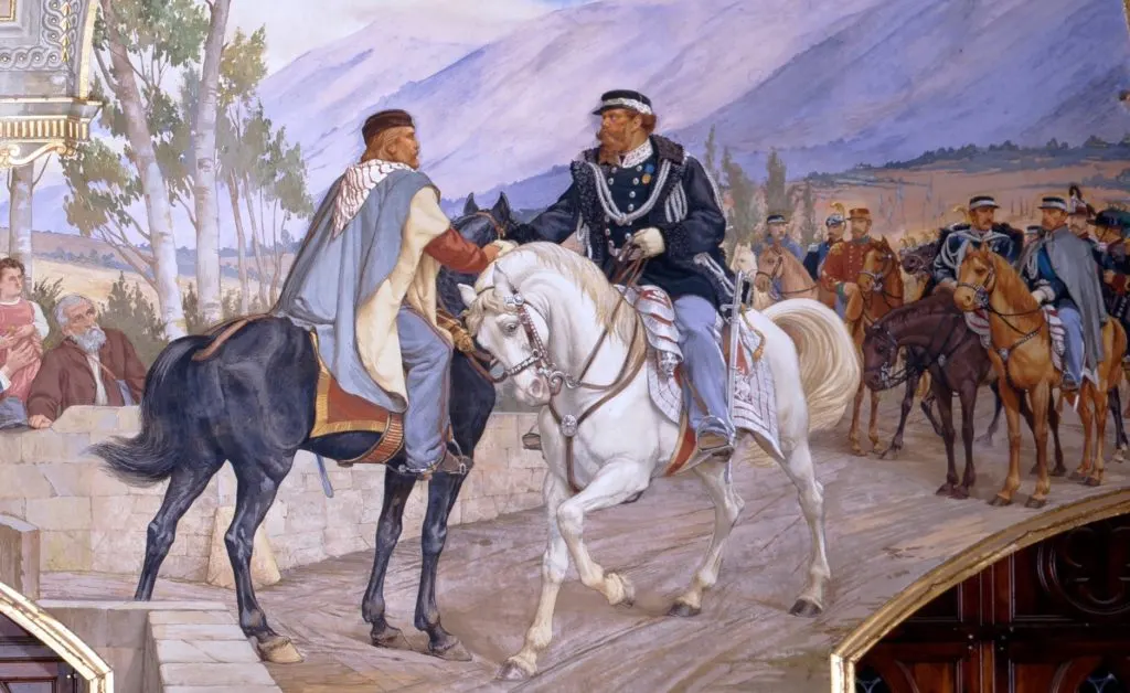 Peinture murale montrant Garibaldi à cheval rencontrant Victor-Emmanuel II sur le pont de Teano en 1860