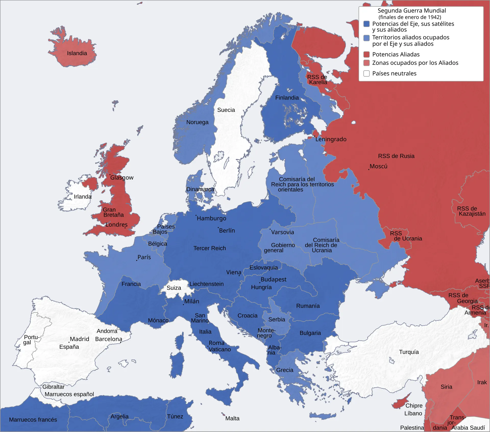 Carte de l’Europe à la fin de janvier 1942 montrant territoires de l’Axe, zones occupées, Alliés et fronts