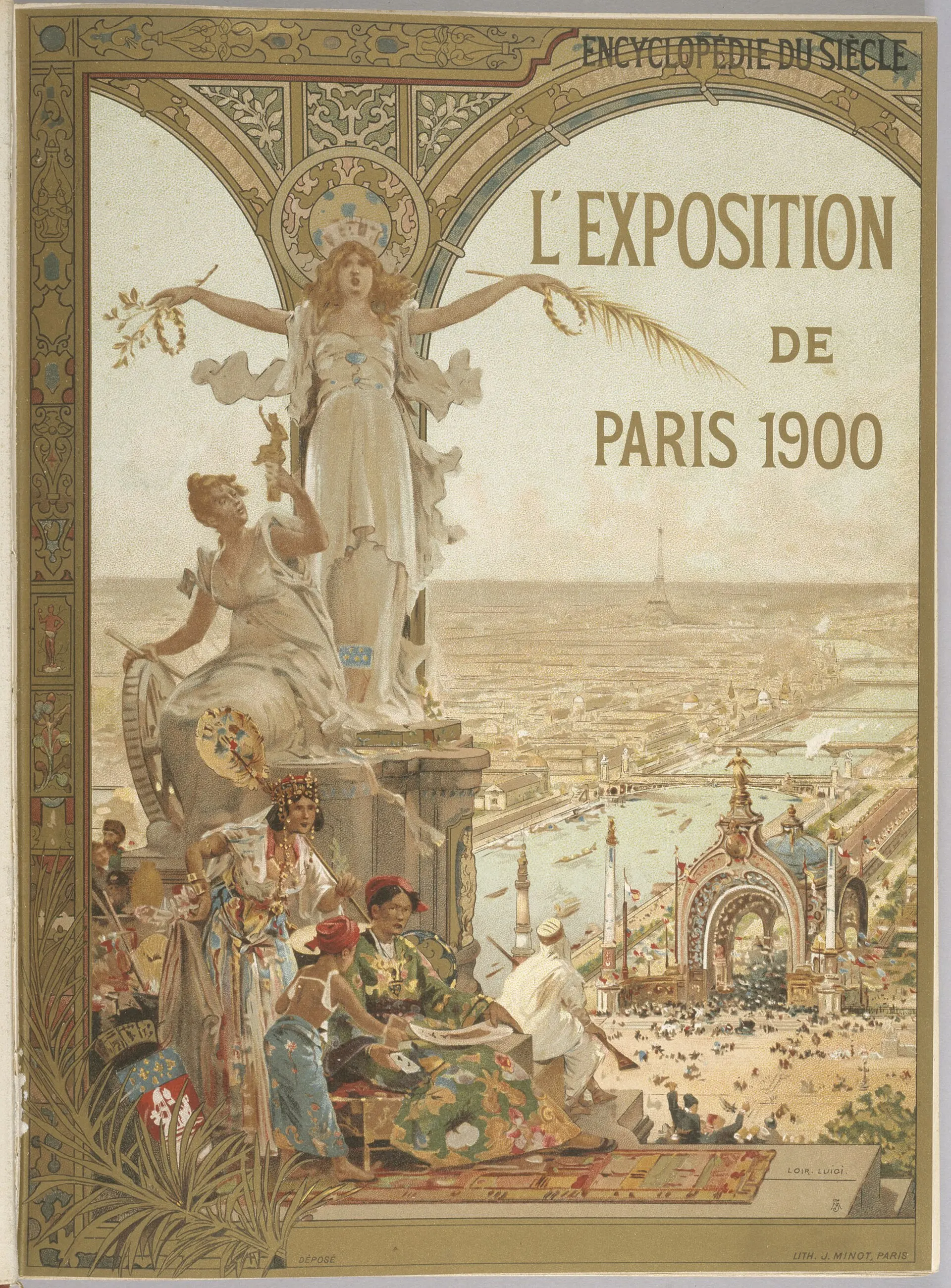 Couverture illustrée d’un ouvrage de 1900 montrant les palais et attractions de l’Exposition universelle de Paris