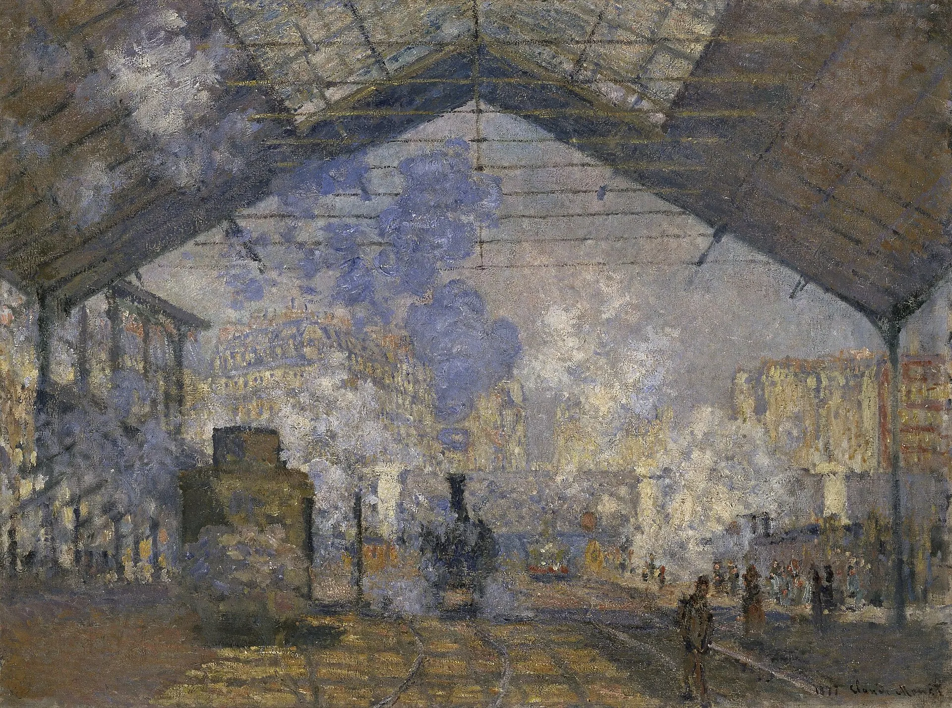 Peinture de Monet montrant les locomotives, la vapeur, la verrière et les voies de la gare Saint-Lazare en 1877