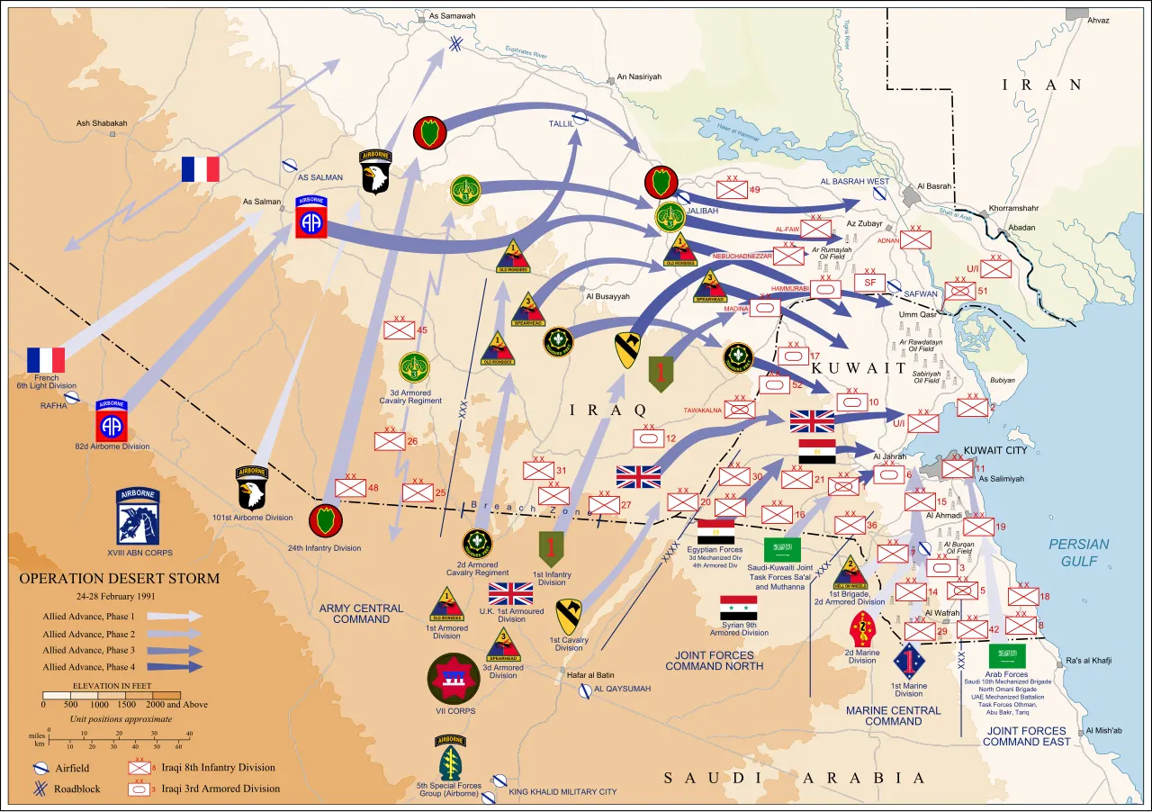 Carte des opérations terrestres de la coalition et des forces irakiennes pendant la guerre du Golfe en février 1991.