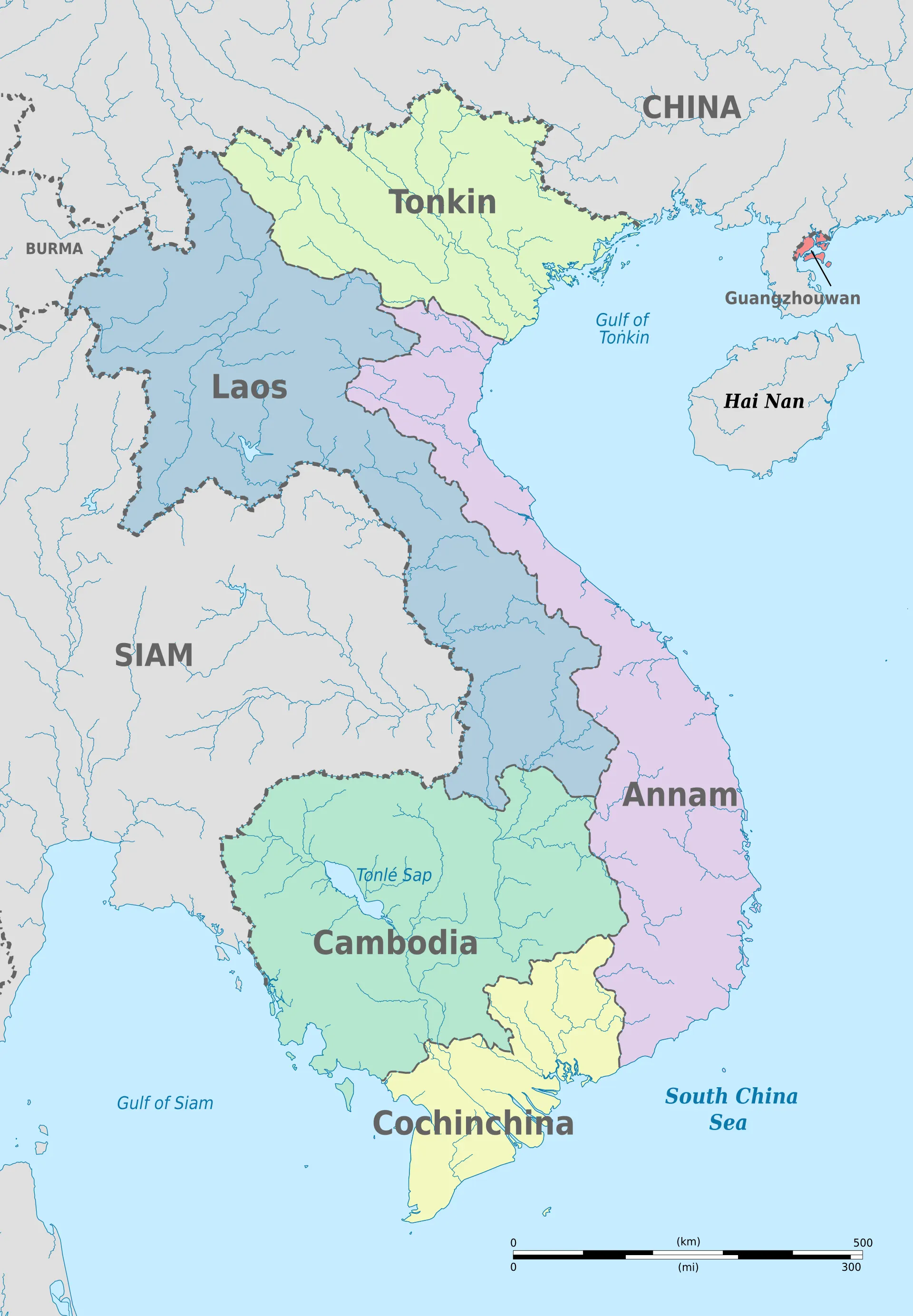 Carte administrative en français de l’Indochine coloniale distinguant colonies, protectorats, villes et territoires voisins