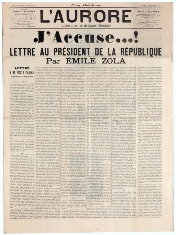 Première page du journal L’Aurore du 13 janvier 1898 avec le grand titre J’accuse et la lettre d’Émile Zola