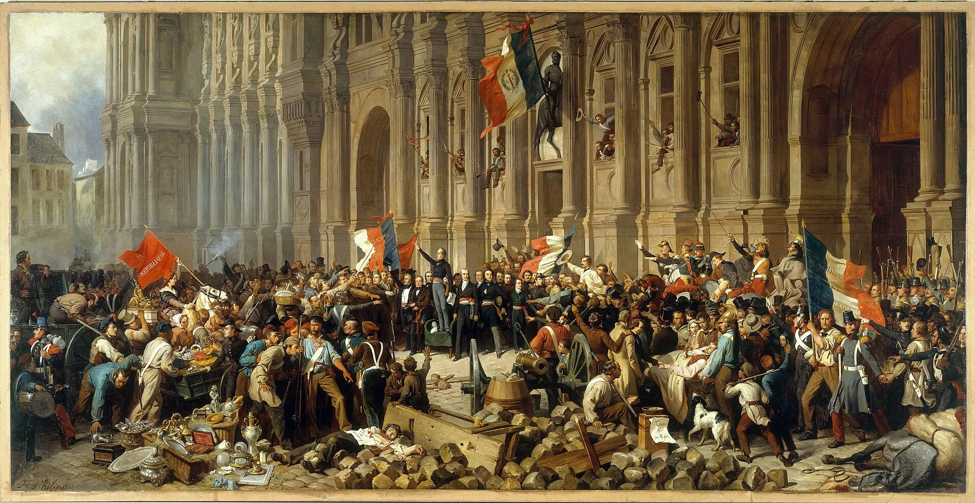 Peinture montrant Lamartine devant l’Hôtel de Ville refusant le drapeau rouge face à une foule armée en février 1848