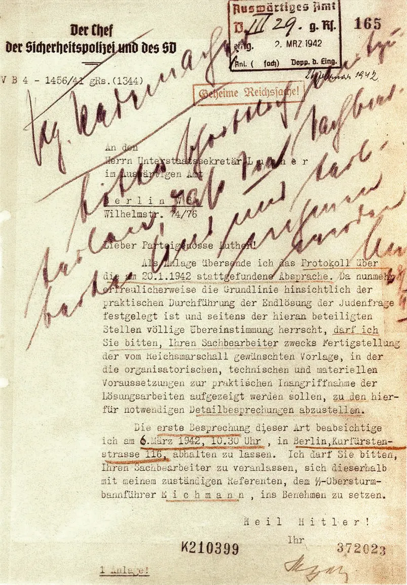 Première page d’une lettre signée par Reinhard Heydrich en février 1942 concernant la mise en œuvre de la solution finale