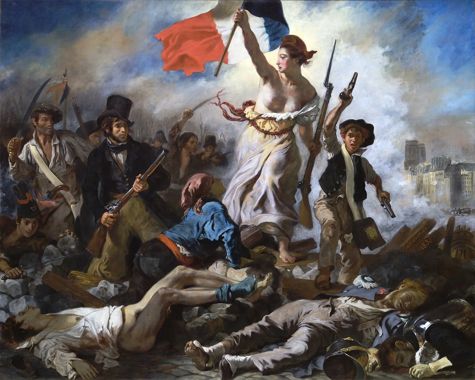 Peinture de Delacroix montrant une femme portant le drapeau tricolore guidant des insurgés sur une barricade en juillet 1830